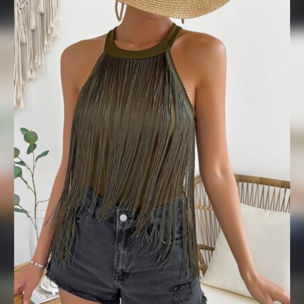 Olive Green Fringe Halter Neck Bodysuit Sleeveless Boho Festival Top